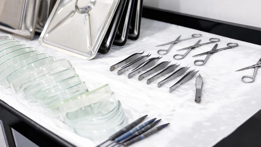 Surgical stainless steel instrument trays organized