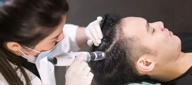 Doctor placing nutrient rich mesotherapy micro injections directly into patient scalp at Hair Skill Clinic