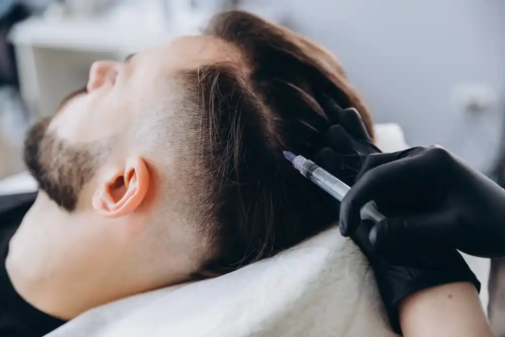 Surgeon administering targeted mesotherapy compound into patient crown zone at Hair Skill Clinic