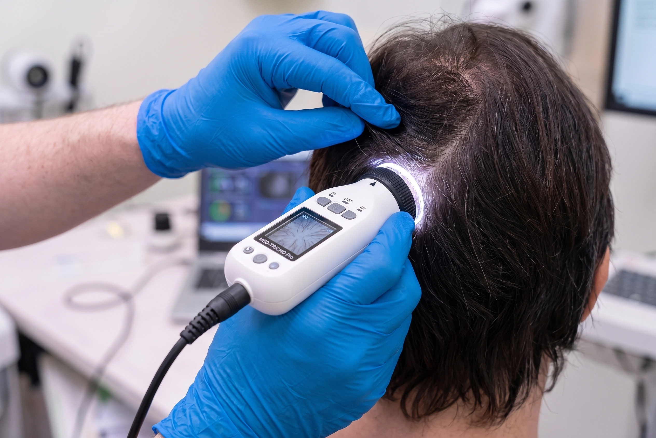 Medical professional utilizing advanced handheld high frequency medical ozone comb wand to energize scalp follicles at Hair Skill Clinic