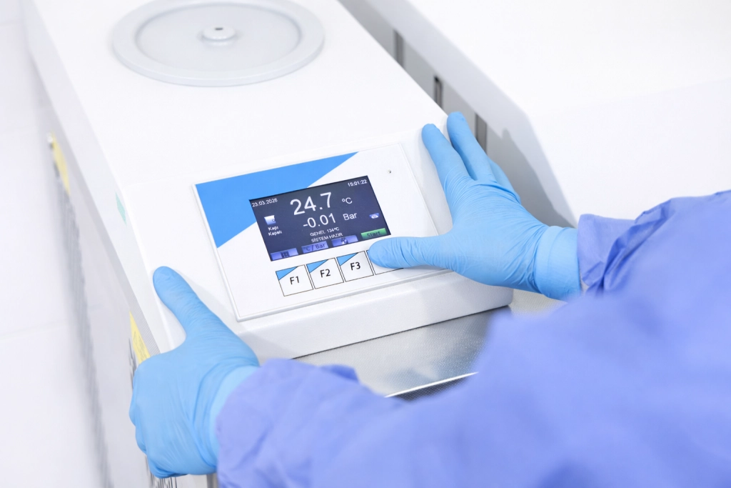 Medical technician running testing procedures on autoclave