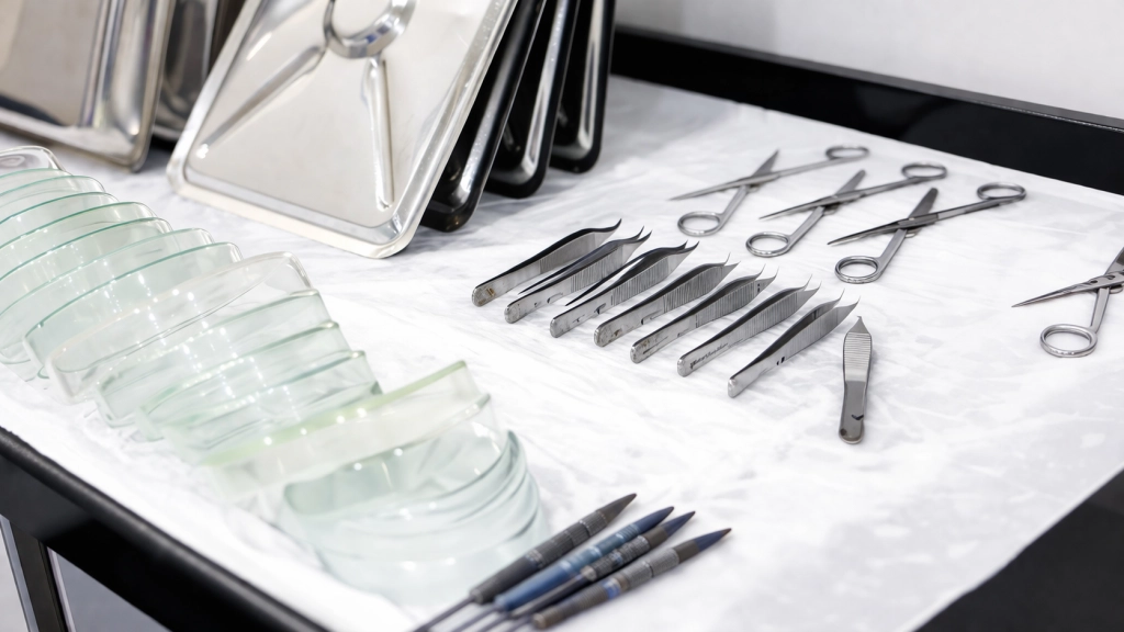 Surgical stainless steel instrument trays organized