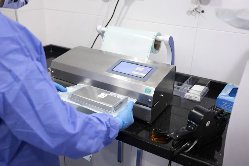 Nurse sealing sterile pouches inside sterilization cleanroom